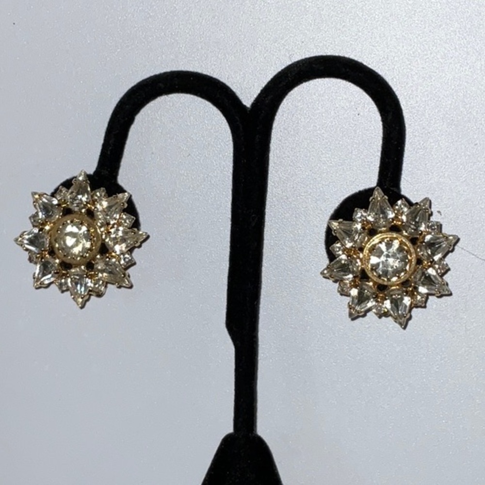 Retro Clip On Earrings Brilliantly Sparkly Stones and Gold-Tone Metal